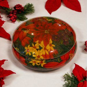 COVERED DISH -- Christmas Bowl/Dish with Poinsettias in Red and Green, Small